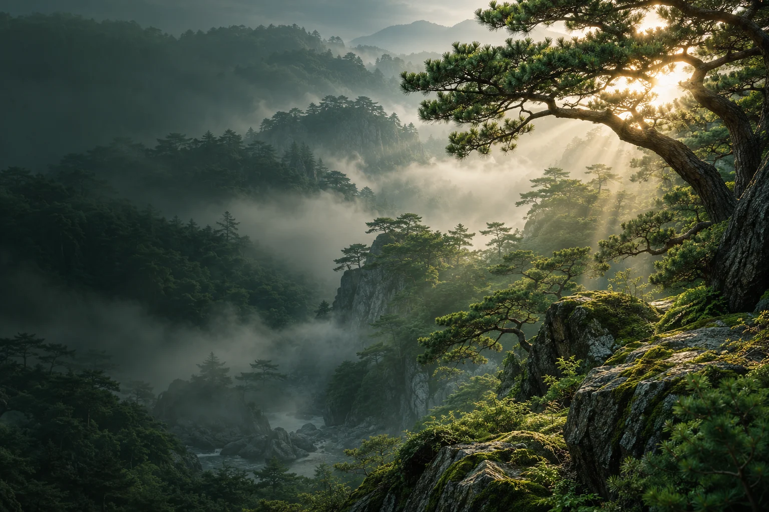 햇살이 드는 초록 숲